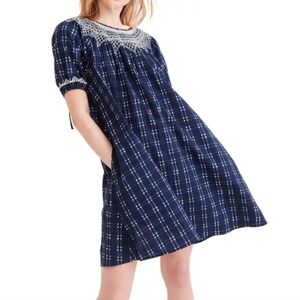Madewell Plaid Embroidered Yoke Puff Sleeve Dress Women’s XS Blue Cotton Boho